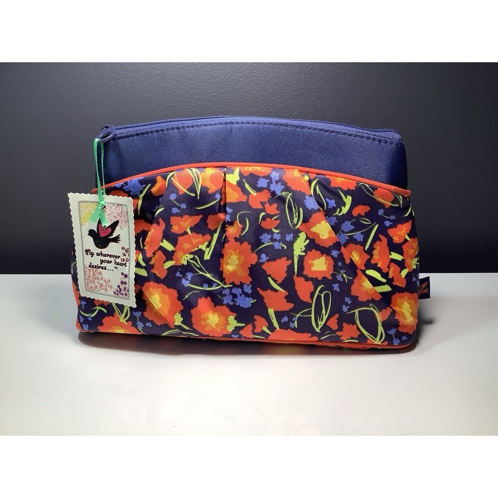 Enchanté New York Floral Navy Blue Red Yellow Orange Nylon Makeup Travel Bag
